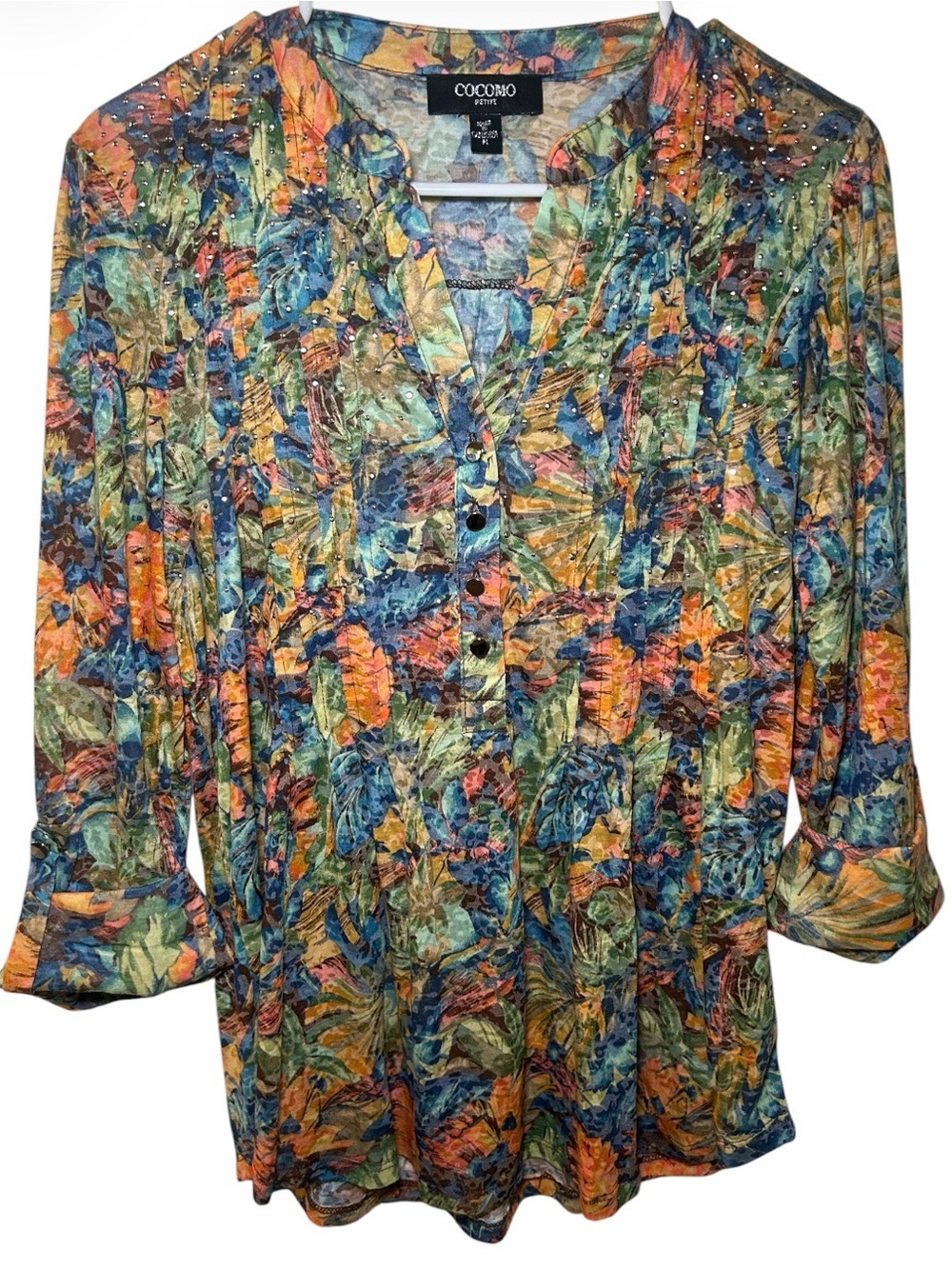 Cocomo Multicolor Floral Button-Front Women's Blouse PM Fall Casual Flare Sleeve